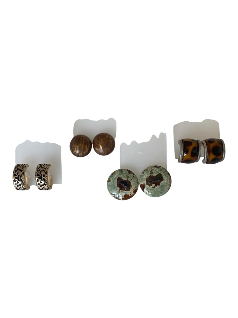 Set of 4 Women's Assorted Stud and Hoop Clip Earrings - Brown, Green, Gold Tones